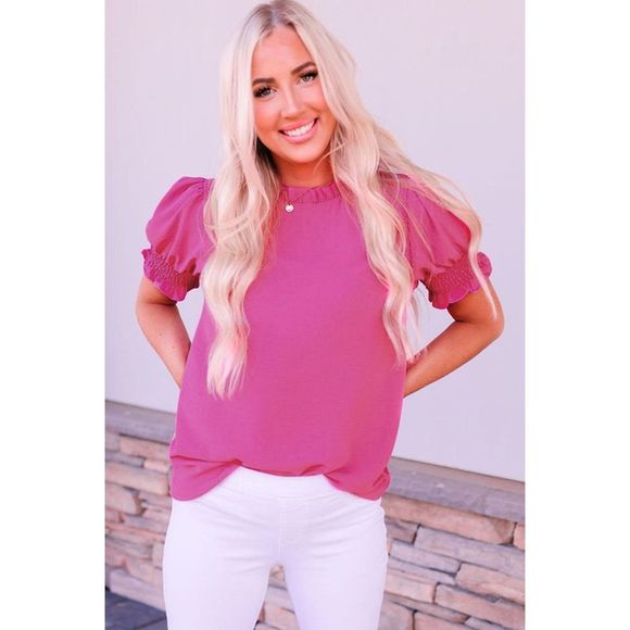 Azura Exchange  Rose Solid Color Smocked Puff Sleeve Blouse - Picture 6 of 8